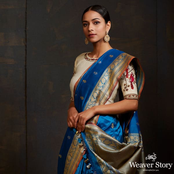 Turquoise blue dual tone kadhwa banarasi saree with brocade blouse