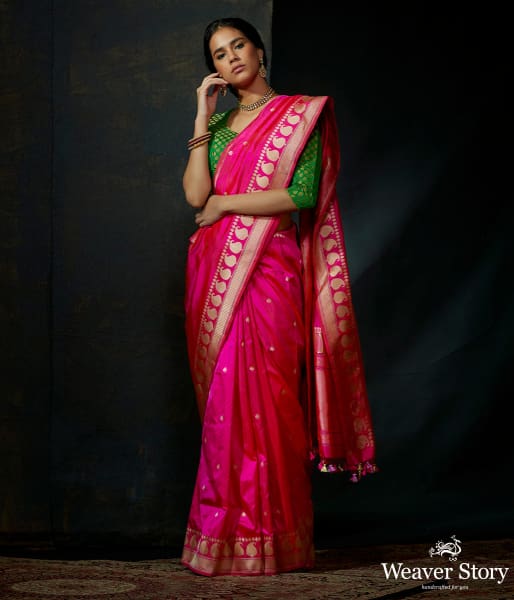 Hot Pink kadhwa booti saree with paisleys on border and konia pallu