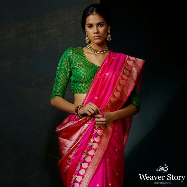 Hot Pink kadhwa booti saree with paisleys on border and konia pallu
