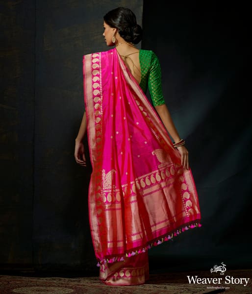 Hot Pink kadhwa booti saree with paisleys on border and konia pallu