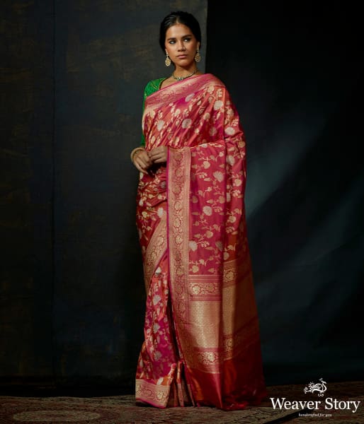 Pink and rust dual tone katan silk kadhwa jangla with sona rupa zari