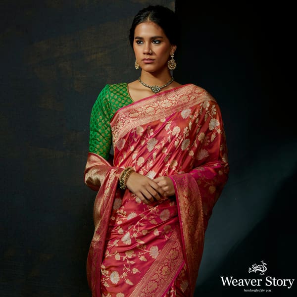 Pink and rust dual tone katan silk kadhwa jangla with sona rupa zari