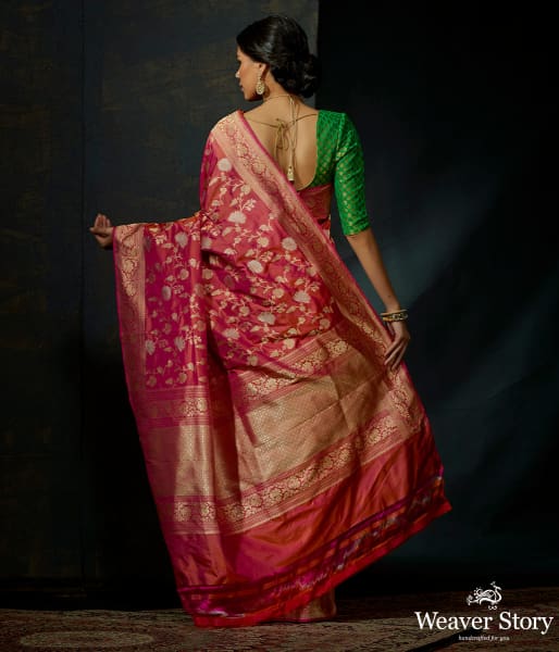 Pink and rust dual tone katan silk kadhwa jangla with sona rupa zari