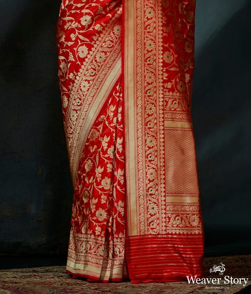 Red katan silk kadhwa jangla with meenakari