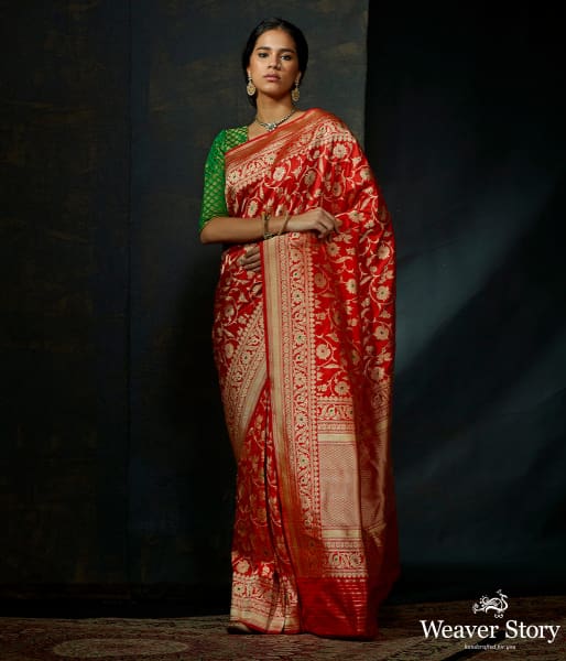Red katan silk kadhwa jangla with meenakari