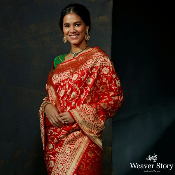 Red katan silk kadhwa jangla with meenakari