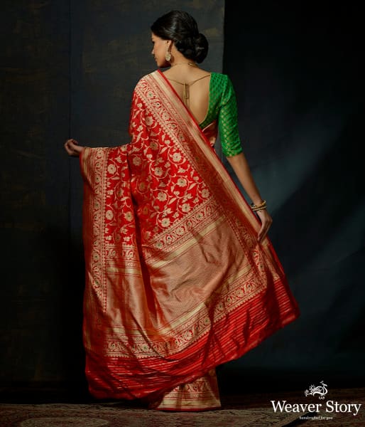 Red katan silk kadhwa jangla with meenakari