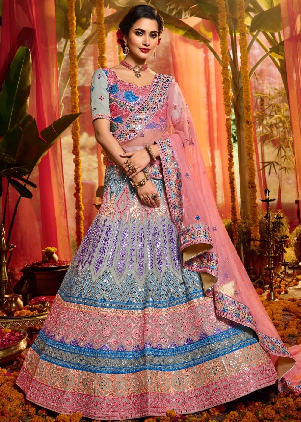 Sky Blue Organza Designer Lehenga Choli with Foil, Mirror, Thread and Zarkan work (Pre-Order)