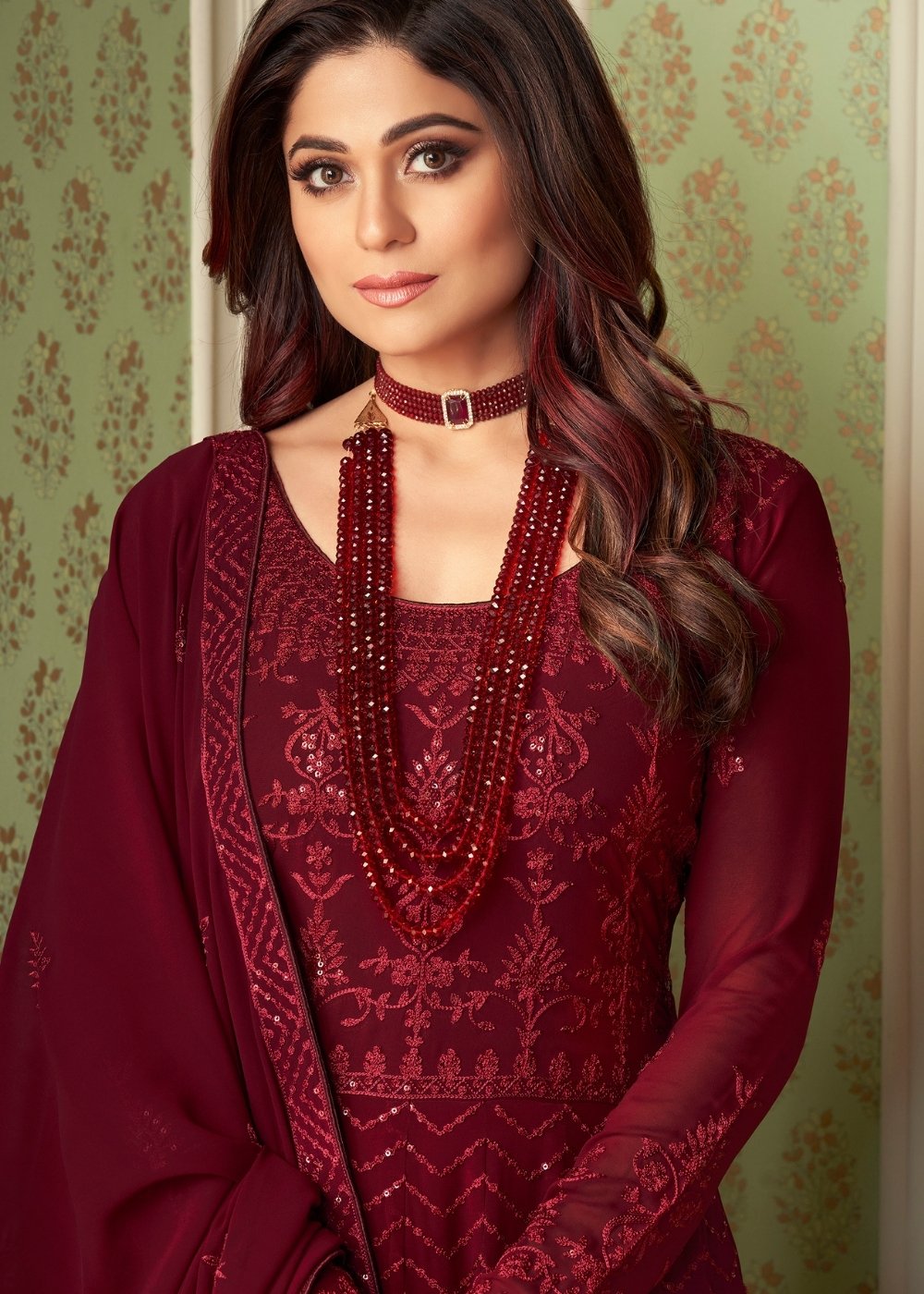 Barn Red Georgette Embroidered Anarkali Suit