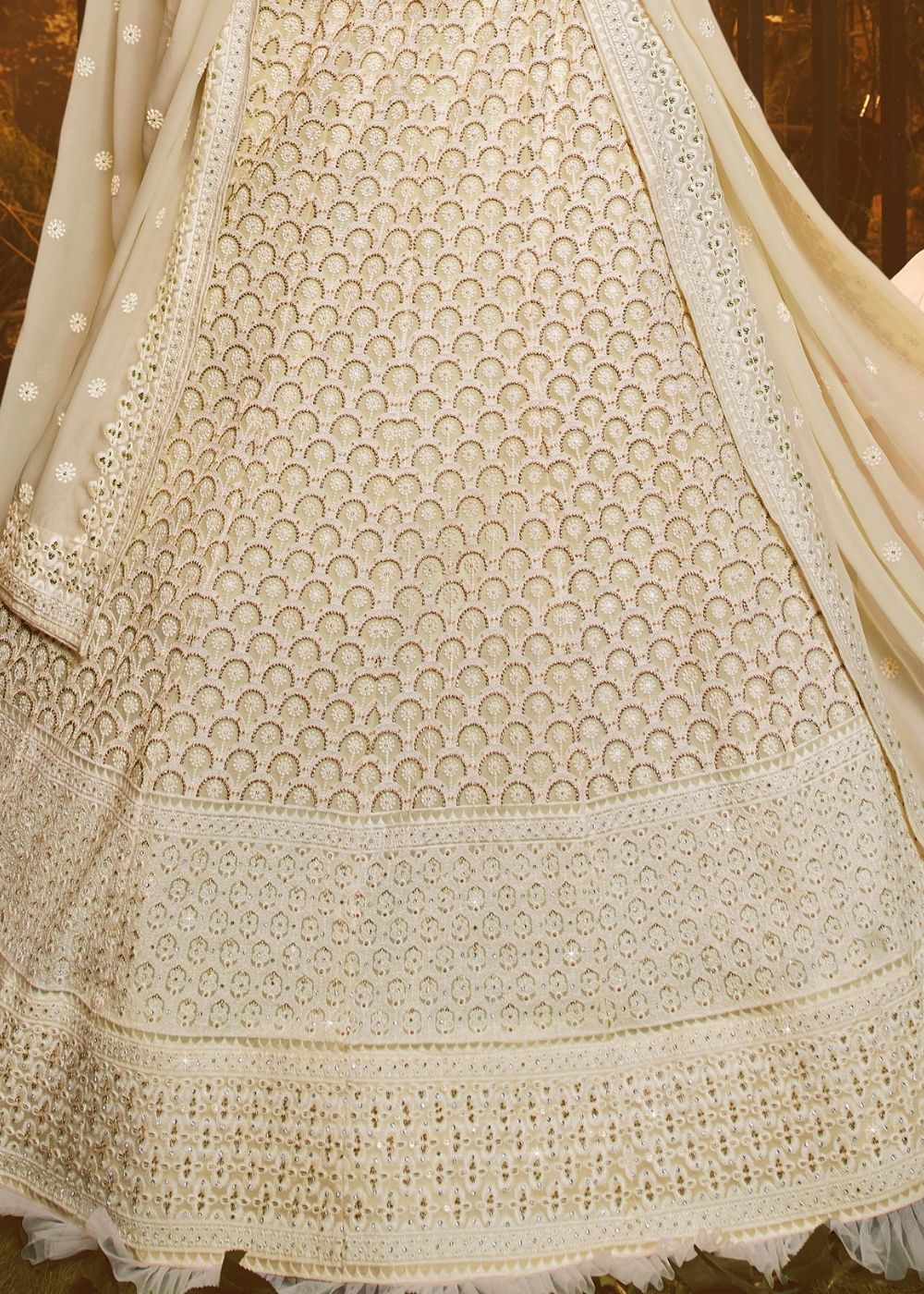Linen White Georgette Lehenga Choli with Thread, Zari, and Moti work