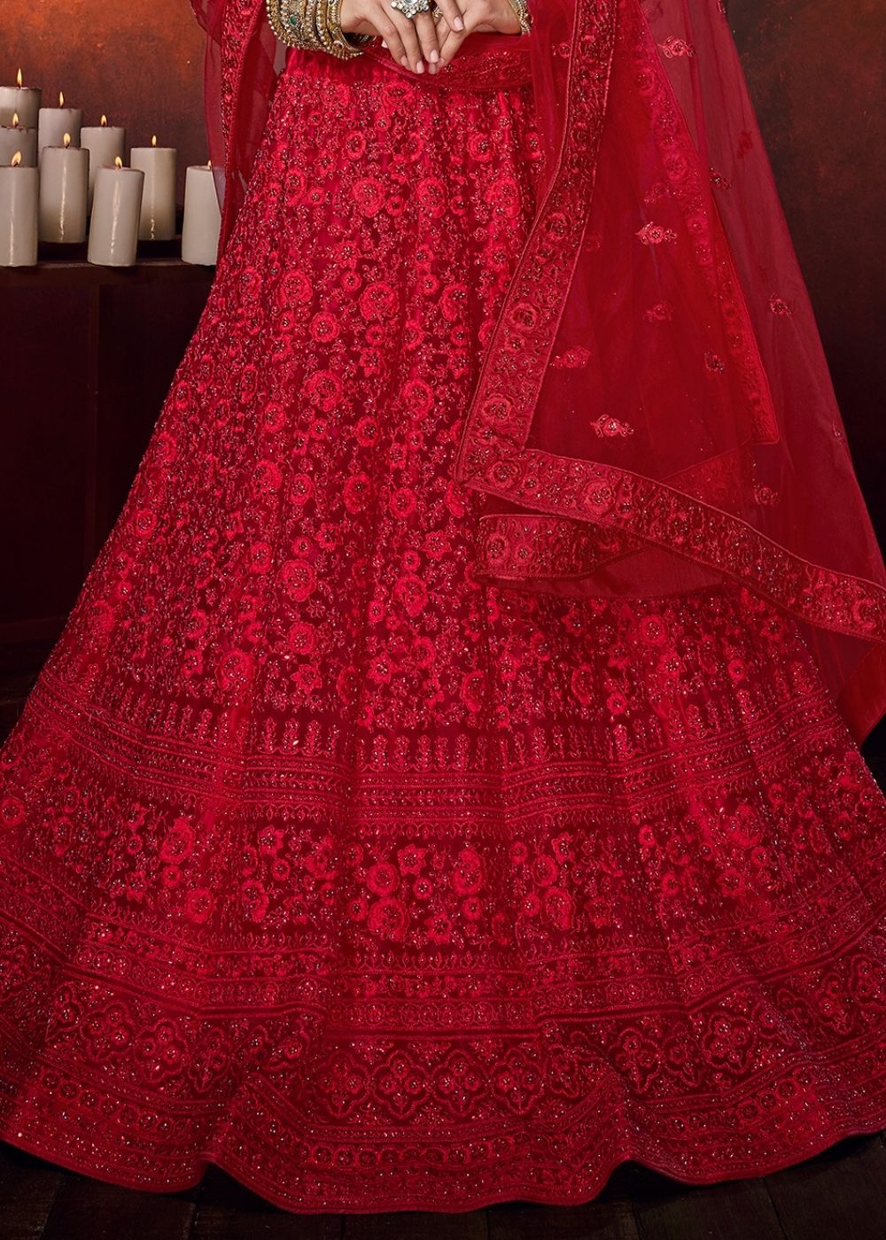 Scarlet Red Net Lehenga Choli with Sequence and Thread work