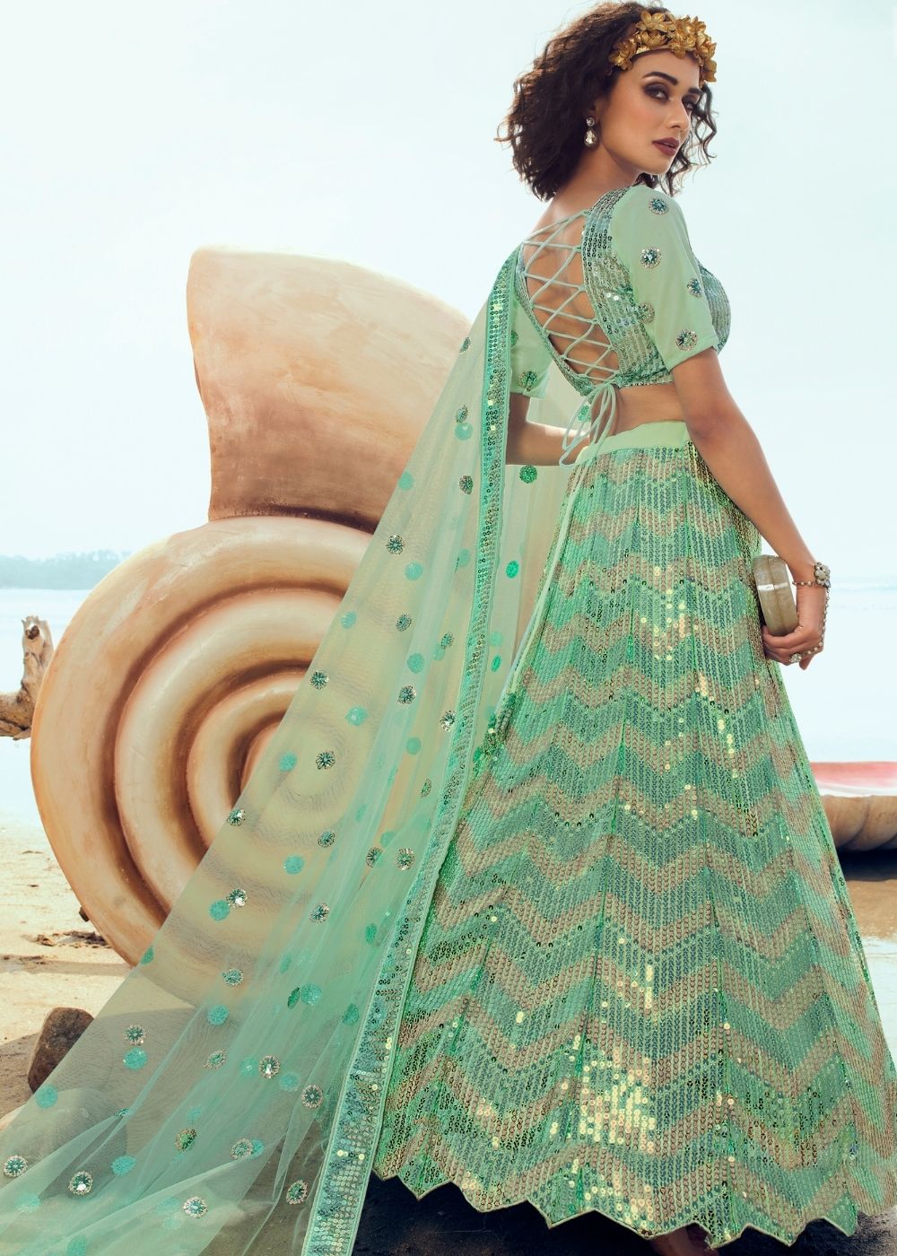 Mint Green Soft Net Designer Lehenga Choli with overall Sequins work