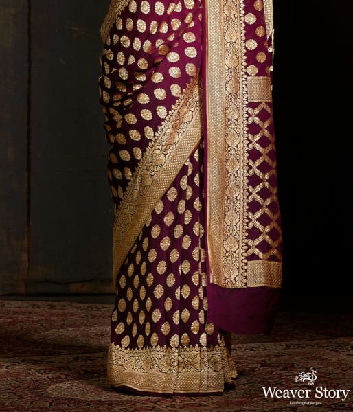 Wine banarasi georgette saree with zari motifs