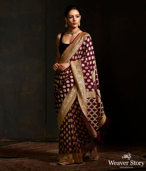 Wine banarasi georgette saree with zari motifs