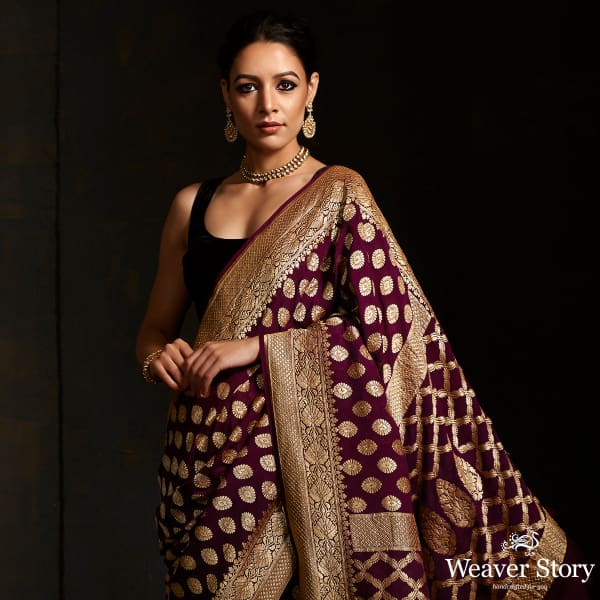 Wine banarasi georgette saree with zari motifs