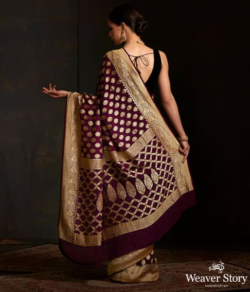 Wine banarasi georgette saree with zari motifs