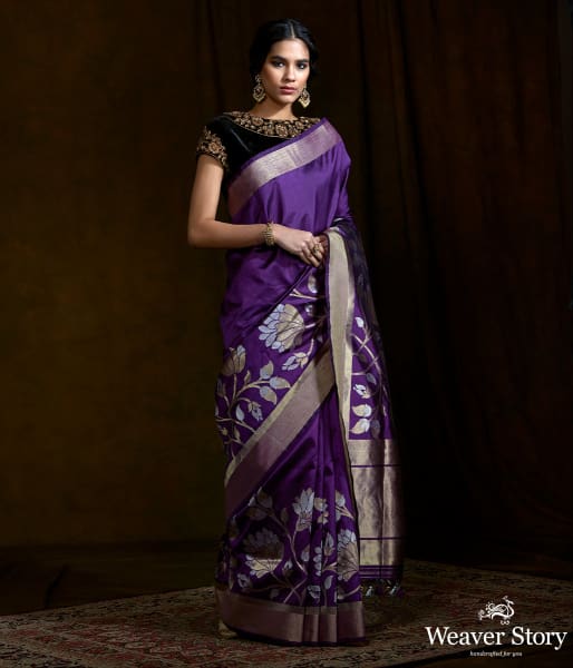 Handwoven dupion silk banarasi with floral borders woven in sona rupa zari