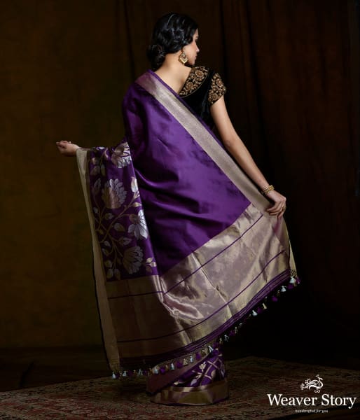 Handwoven dupion silk banarasi with floral borders woven in sona rupa zari