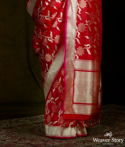 Bright red sona rupa banarasi saree with floral jaal and meenkari detailing