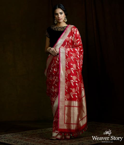 Bright red sona rupa banarasi saree with floral jaal and meenkari detailing