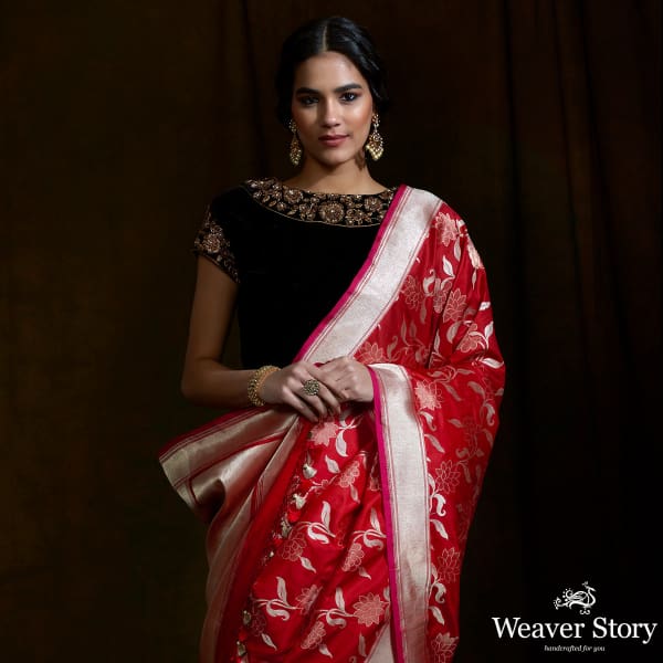 Bright red sona rupa banarasi saree with floral jaal and meenkari detailing