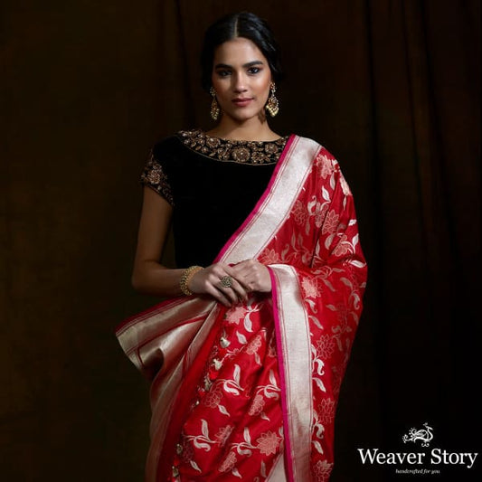 Bright red sona rupa banarasi saree with floral jaal and meenkari detailing