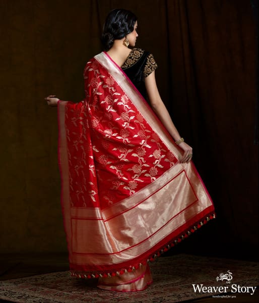 Bright red sona rupa banarasi saree with floral jaal and meenkari detailing