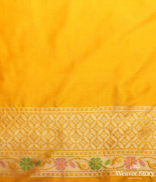 Handwoven Banarasi katan silk saree in mustard yellow with meenakari jaal