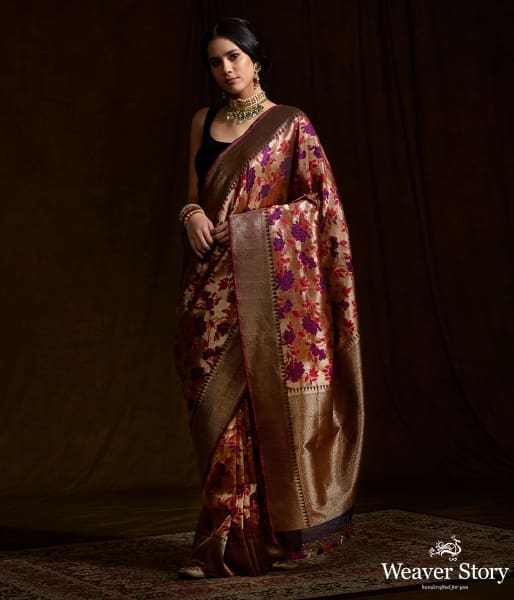 Wine and Copper kimkhab saree with meenakari jaal