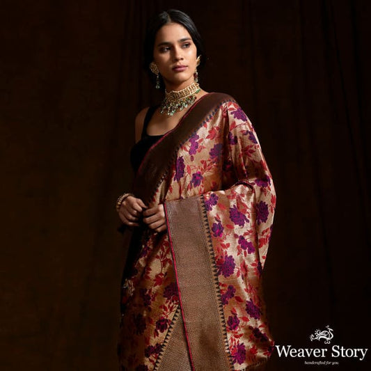 Wine and Copper kimkhab saree with meenakari jaal