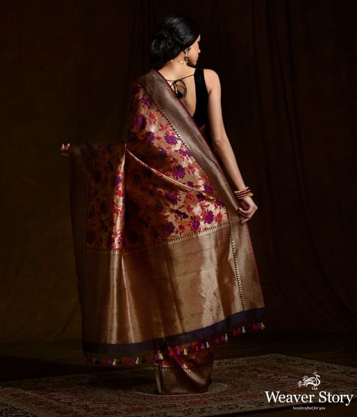 Wine and Copper kimkhab saree with meenakari jaal