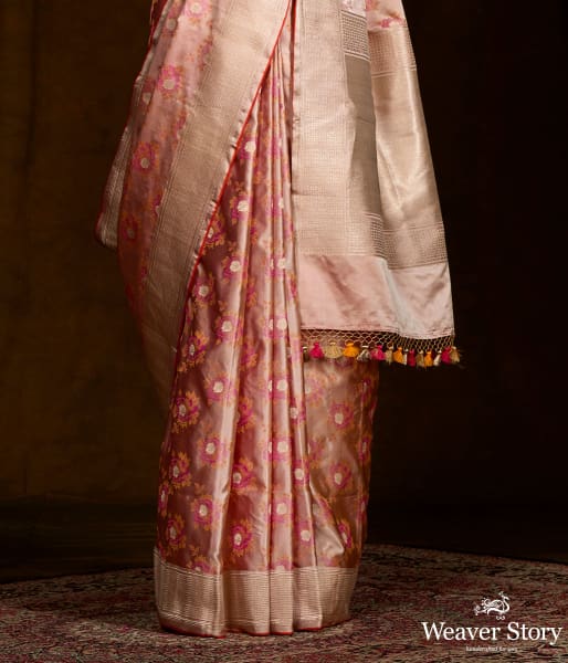 Handwoven Beige and Pink Dual Tone Tanchui Saree with Kadhwa Border and Floral Motifs