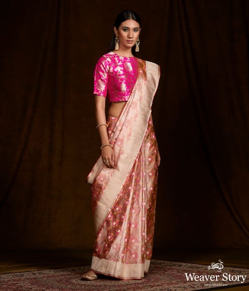 Handwoven Beige and Pink Dual Tone Tanchui Saree with Kadhwa Border and Floral Motifs