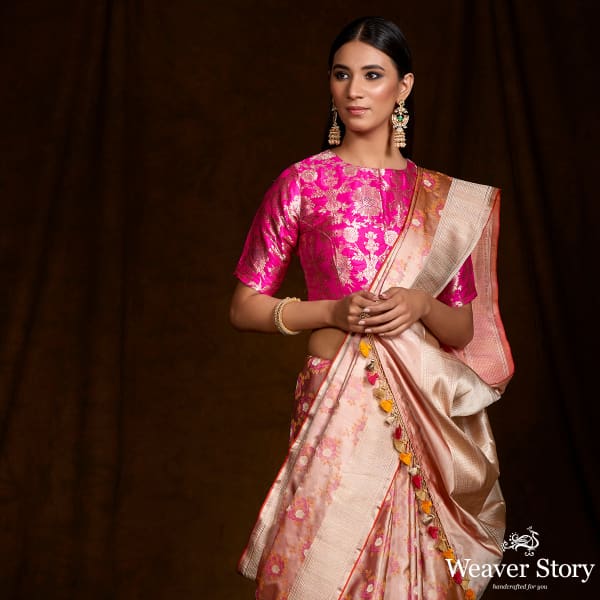 Handwoven Beige and Pink Dual Tone Tanchui Saree with Kadhwa Border and Floral Motifs