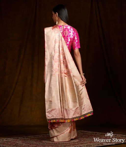 Handwoven Beige and Pink Dual Tone Tanchui Saree with Kadhwa Border and Floral Motifs