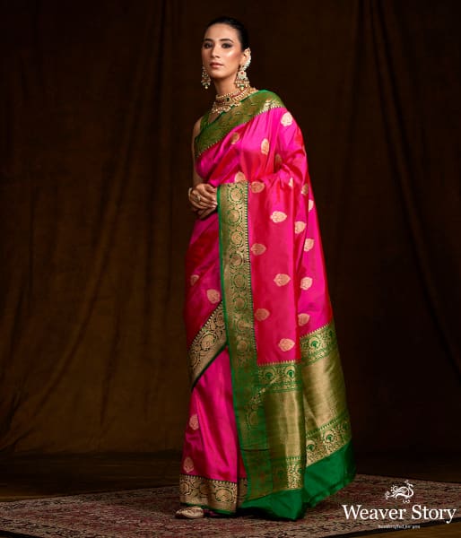 Majenta and Green Contrast Border Banarasi Saree with kadhwa Booti