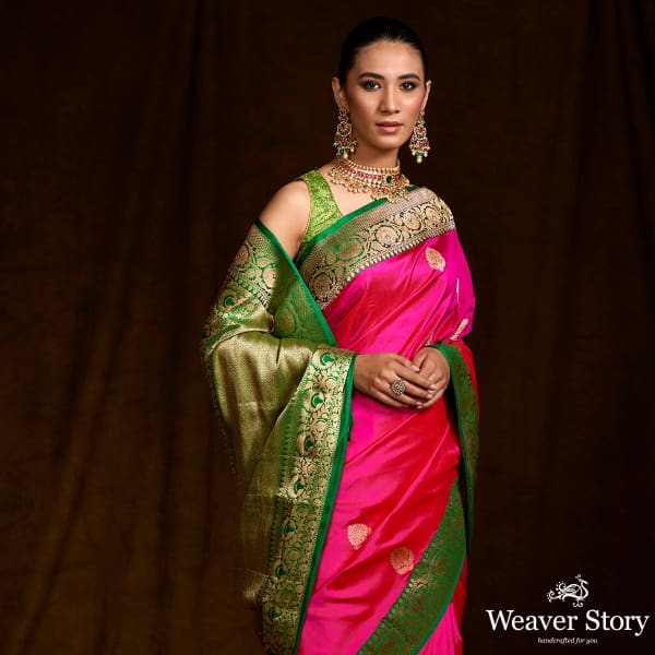 Majenta and Green Contrast Border Banarasi Saree with kadhwa Booti