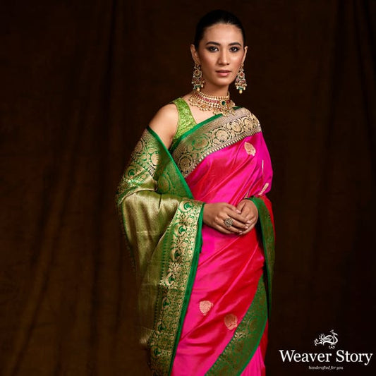 Majenta and Green Contrast Border Banarasi Saree with kadhwa Booti
