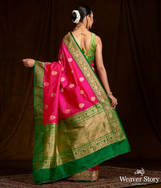Majenta and Green Contrast Border Banarasi Saree with kadhwa Booti