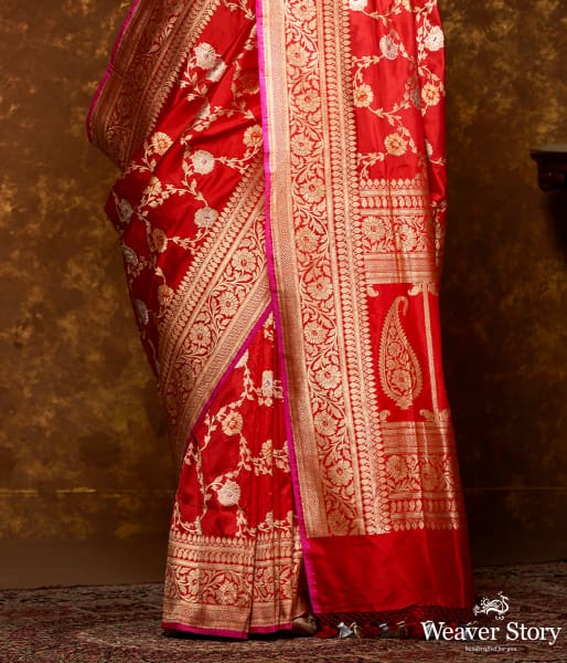 Handwoven Red Kadhwa Jangla with Meenakari and Pink Selvedge