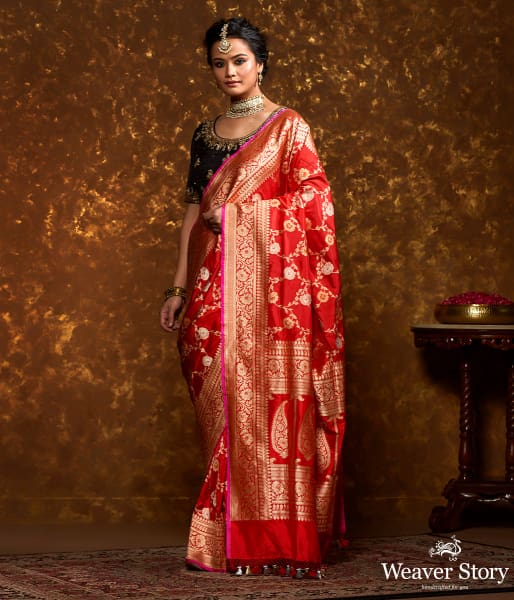 Handwoven Red Kadhwa Jangla with Meenakari and Pink Selvedge
