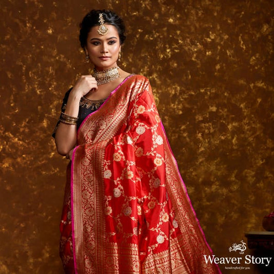 Handwoven Red Kadhwa Jangla with Meenakari and Pink Selvedge