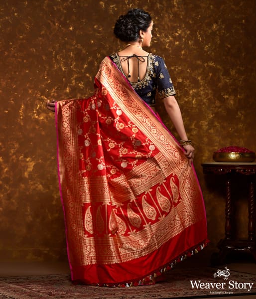 Handwoven Red Kadhwa Jangla with Meenakari and Pink Selvedge