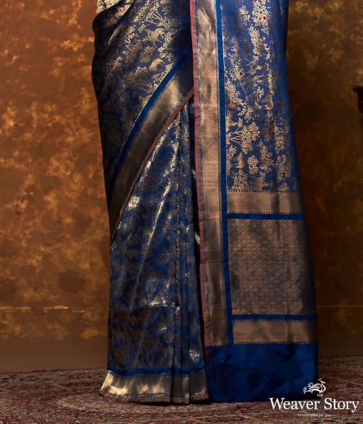 Handwoven Blue and Gold Kimkhab Shikargah Saree