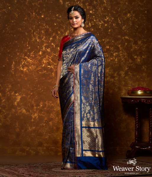 Handwoven Blue and Gold Kimkhab Shikargah Saree