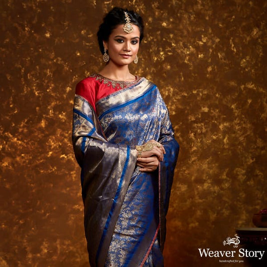 Handwoven Blue and Gold Kimkhab Shikargah Saree