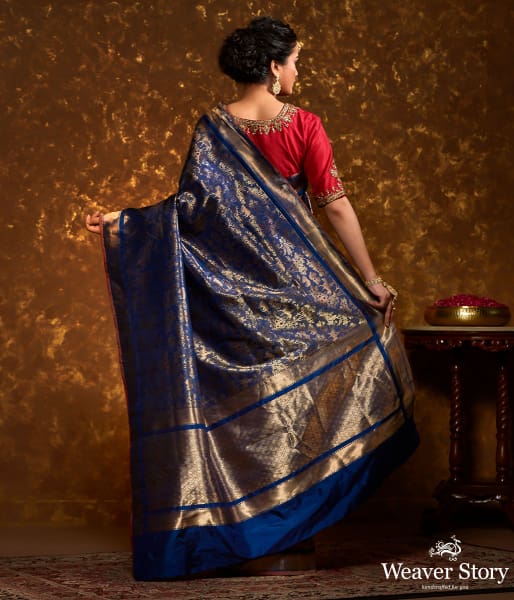 Handwoven Blue and Gold Kimkhab Shikargah Saree