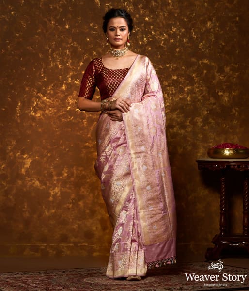 Blush Pink Handwoven Sona Rupa Kadhwa Jangla Saree