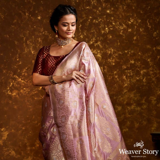 Blush Pink Handwoven Sona Rupa Kadhwa Jangla Saree