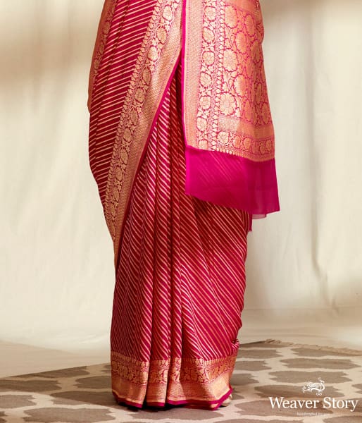 Handwoven Pink Banarasi Georgette Saree in Diagonal Weave